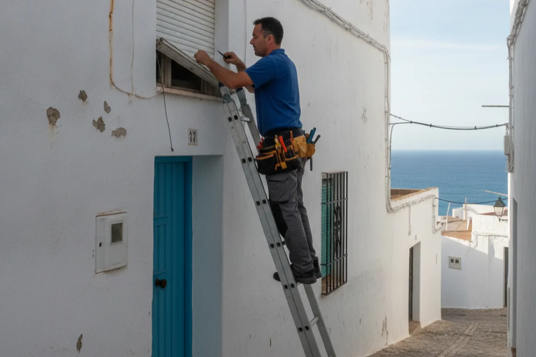 Técnico cambiando la cinta de una persiana en Rota
